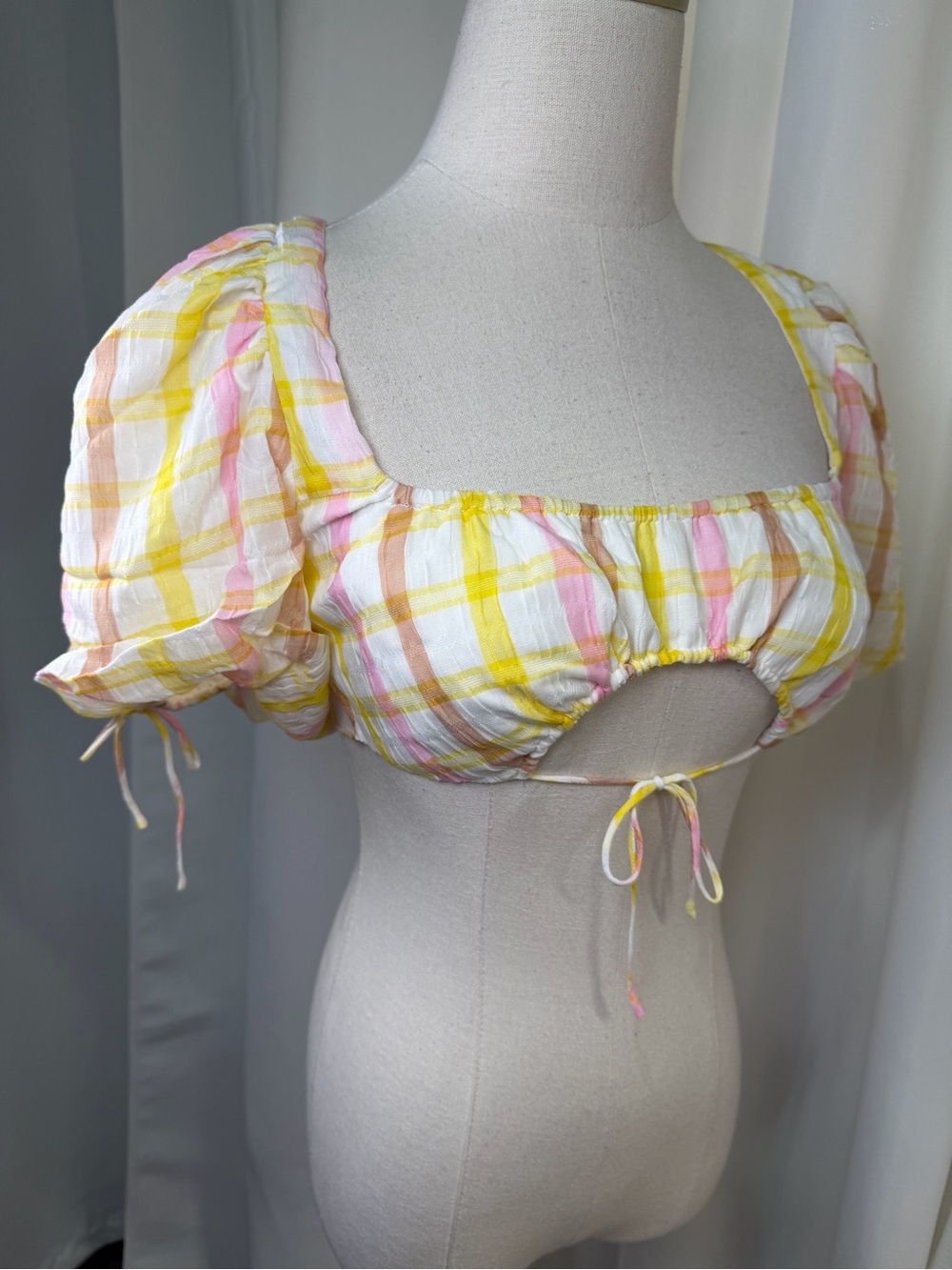 NWT For Love & Lemons ‘Rue’ Puff Sleeve Crop Top in Yellow & White Plaid Size S - Picture 14 of 16